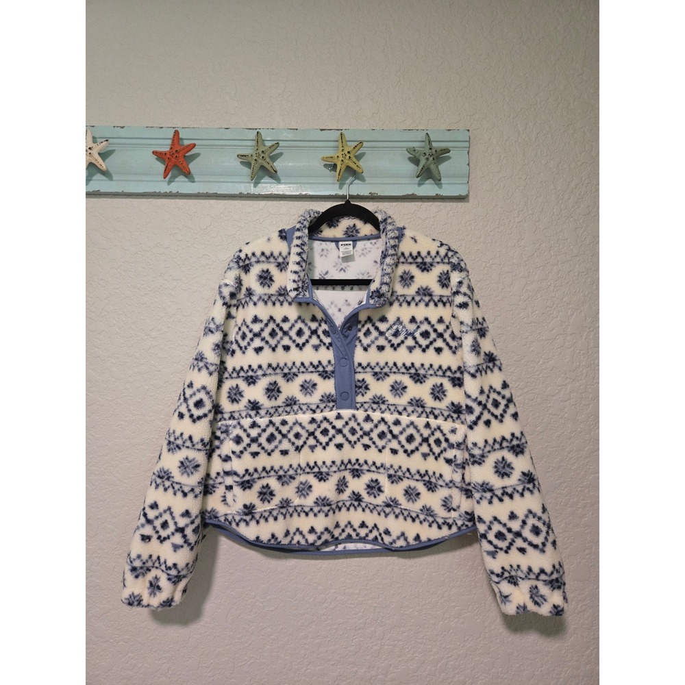 Pink Victoria's Secret Sherpa Fleece Pullover Blue White Nordic Snowflake Medium